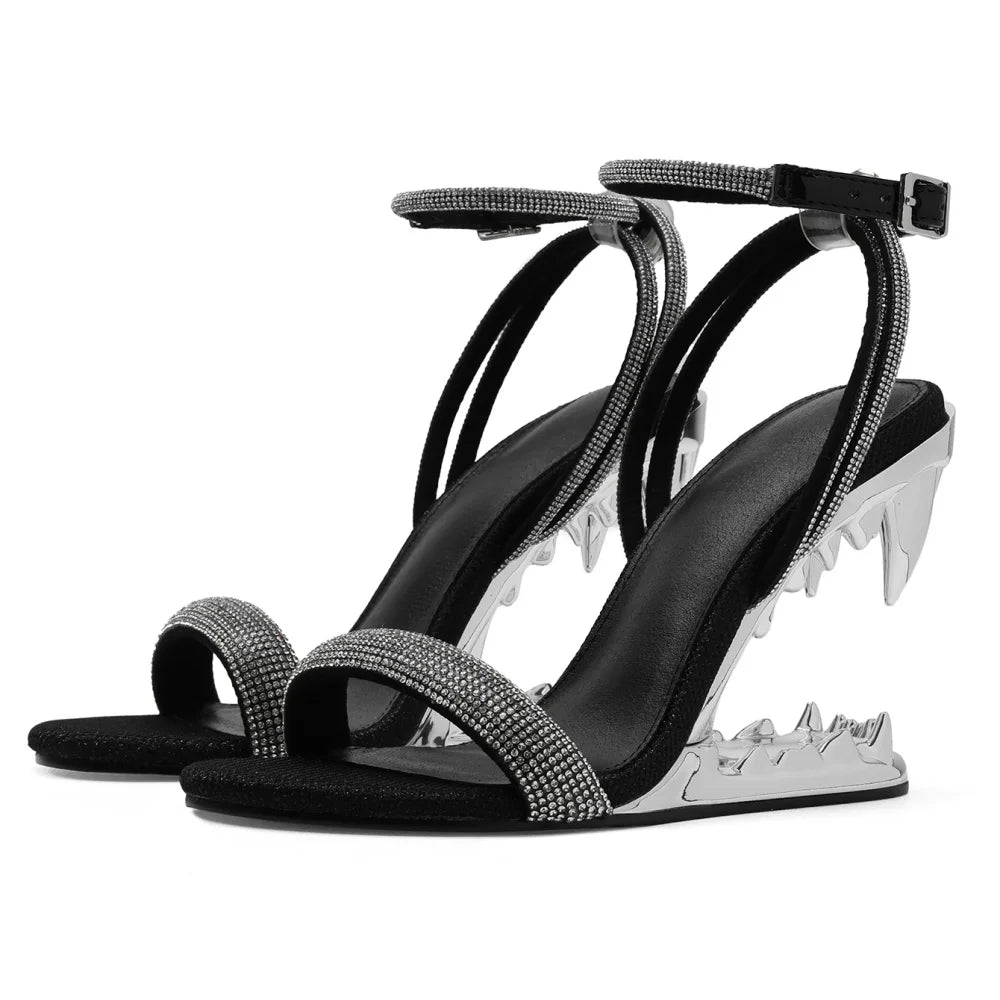 Women Sandals Strappy High Heels Round Open Toe Buckle Heels Shark Tiger Teeth Wedge Heels Sandals Slip-on Party Wedding Dress Shoes