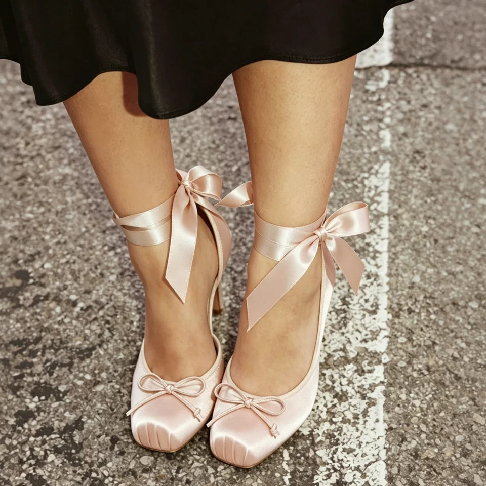 Women's Ballet High Heels Square Toe Mary Janes Lace Up Heels Elegant Ballerina Stiletto Heels Bow Decoration Party Dancing Shoes