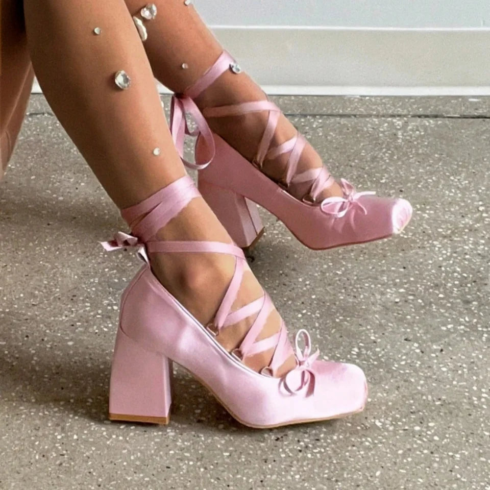 Ballet Heels for Women Lace Up Chunky High Heel Pumps with Bow Closed Square Toe Dress Shoes Party Ballerina Heels