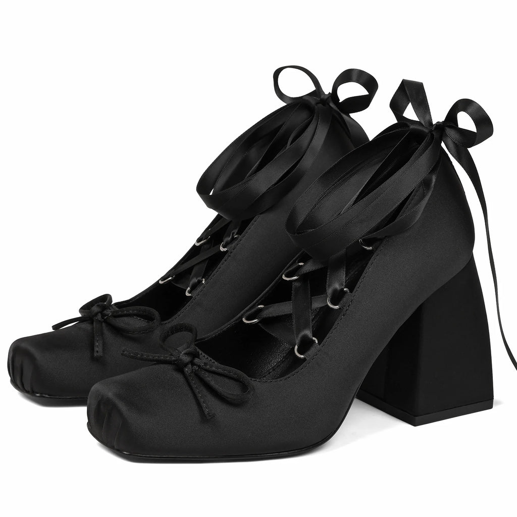 Ballet Heels for Women Lace Up Chunky High Heel Pumps with Bow Closed Square Toe Dress Shoes Party Ballerina Heels