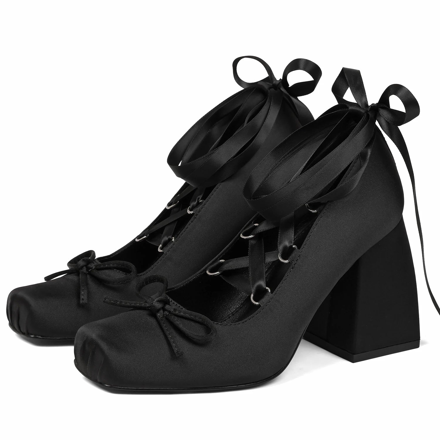 Ballet Heels for Women Lace Up Chunky High Heel Pumps with Bow Closed Square Toe Dress Shoes Party Ballerina Heels
