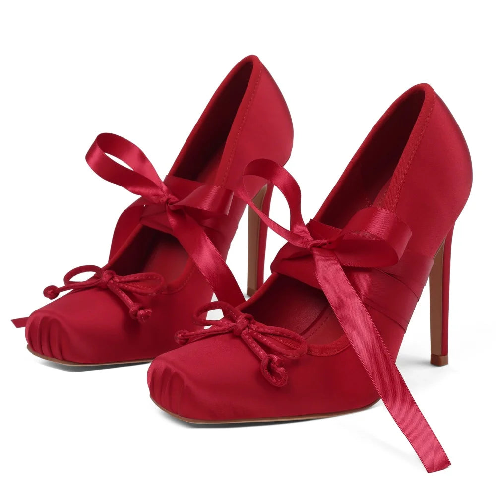 Women's Ballet High Heels Square Toe Mary Janes Lace Up Heels Elegant Ballerina Stiletto Heels Bow Decoration Party Dancing Shoes