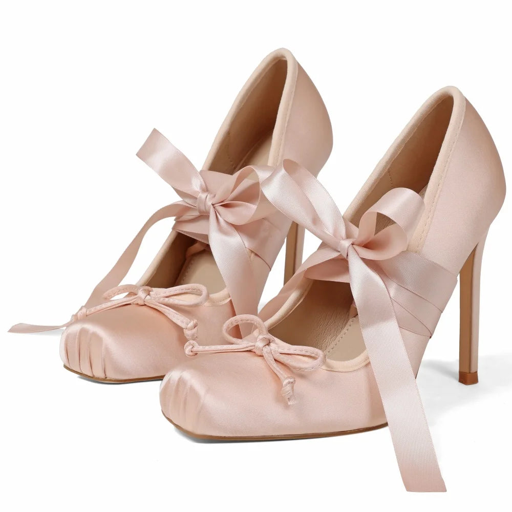 Women's Ballet High Heels Square Toe Mary Janes Lace Up Heels Elegant Ballerina Stiletto Heels Bow Decoration Party Dancing Shoes