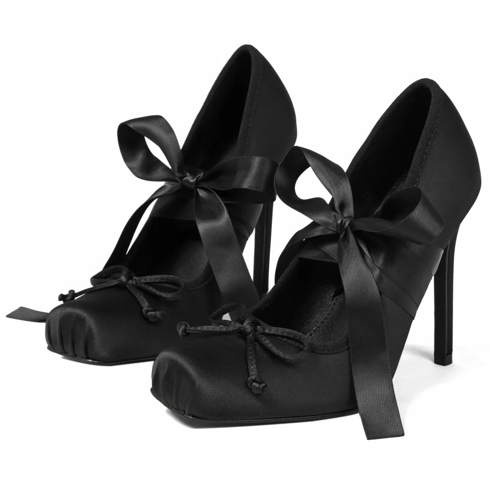 Women's Ballet High Heels Square Toe Mary Janes Lace Up Heels Elegant Ballerina Stiletto Heels Bow Decoration Party Dancing Shoes