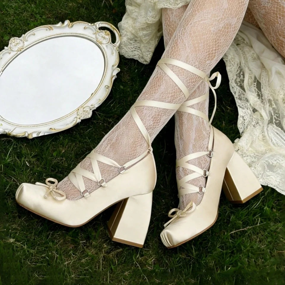 Ballet Heels for Women Lace Up Chunky High Heel Pumps with Bow Closed Square Toe Dress Shoes Party Ballerina Heels
