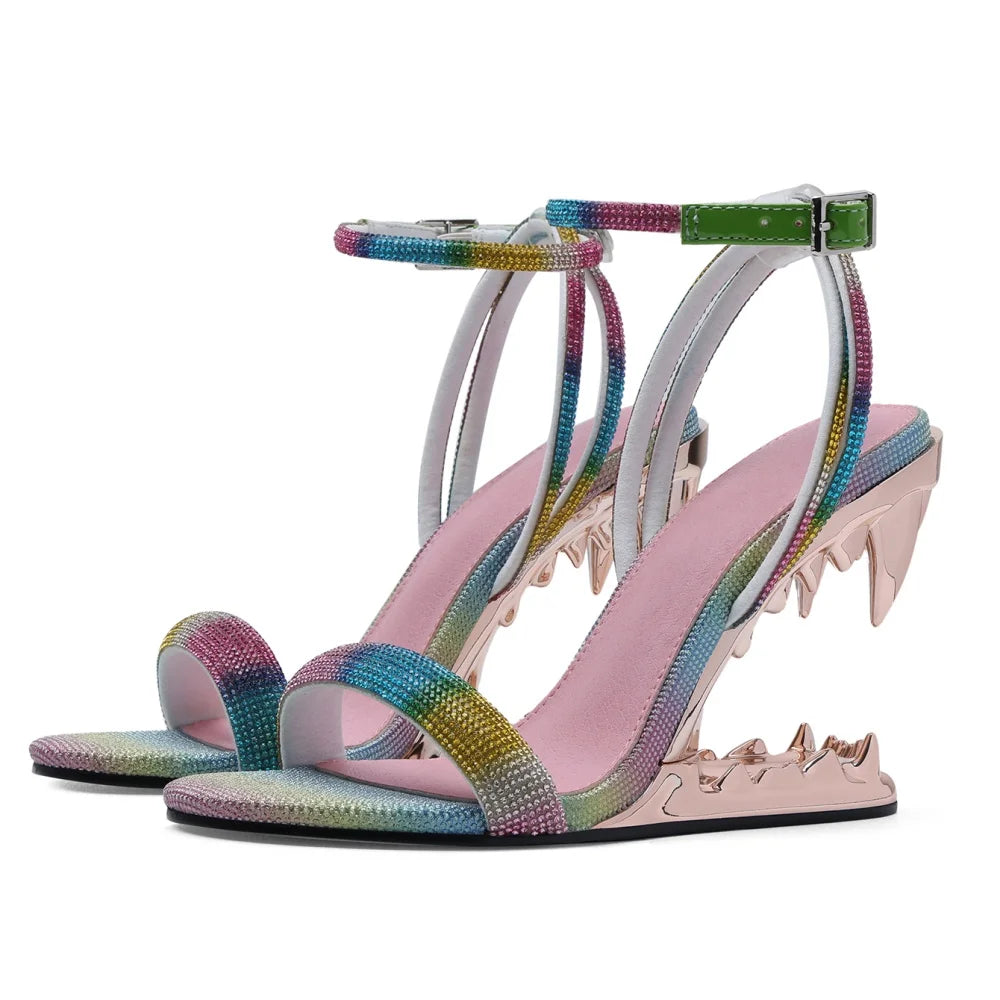 Women Sandals Strappy High Heels Round Open Toe Buckle Heels Shark Tiger Teeth Wedge Heels Sandals Slip-on Party Wedding Dress Shoes