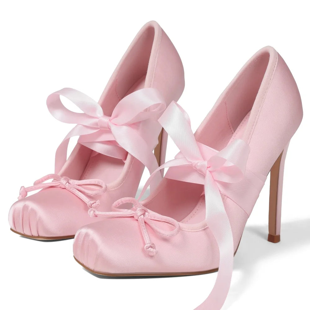 Women's Ballet High Heels Square Toe Mary Janes Lace Up Heels Elegant Ballerina Stiletto Heels Bow Decoration Party Dancing Shoes