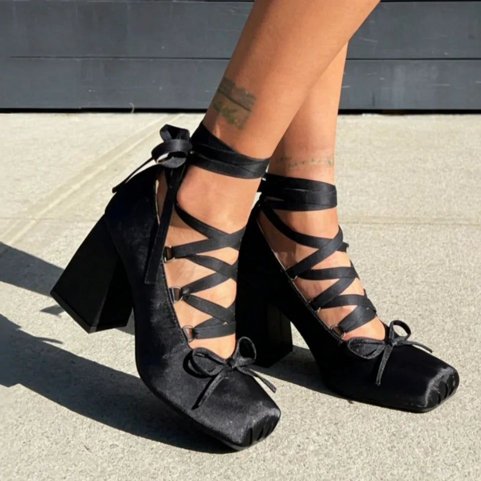 Ballet Heels for Women Lace Up Chunky High Heel Pumps with Bow Closed Square Toe Dress Shoes Party Ballerina Heels
