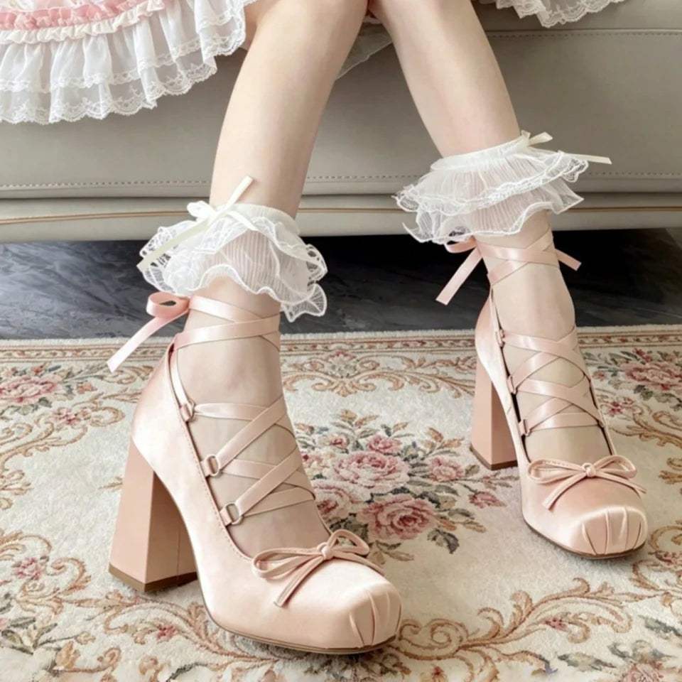 Ballet Heels for Women Lace Up Chunky High Heel Pumps with Bow Closed Square Toe Dress Shoes Party Ballerina Heels