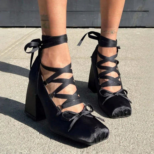 Ballet Heels for Women Lace Up Chunky High Heel Pumps with Bow Closed Square Toe Dress Shoes Party Ballerina Heels