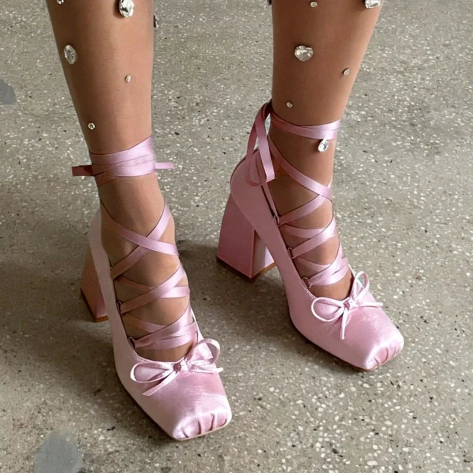 Ballet Heels for Women Lace Up Chunky High Heel Pumps with Bow Closed Square Toe Dress Shoes Party Ballerina Heels