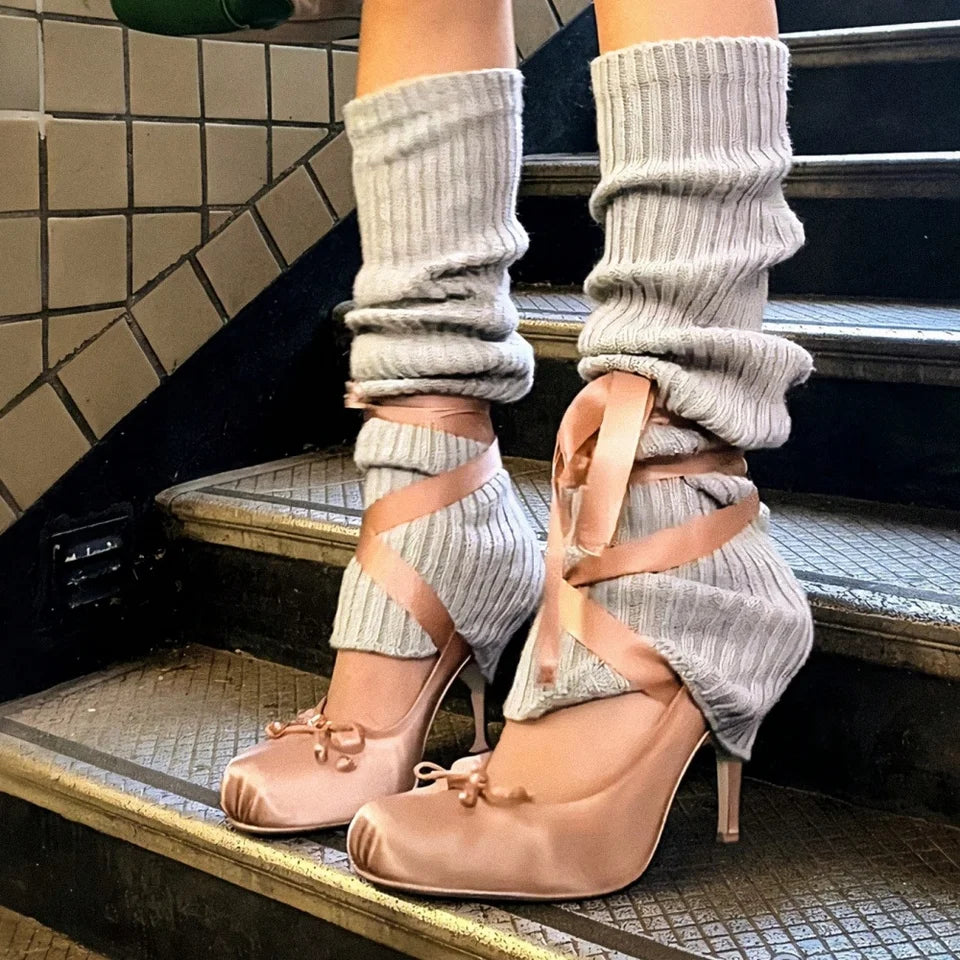 Women's Ballet High Heels Square Toe Mary Janes Lace Up Heels Elegant Ballerina Stiletto Heels Bow Decoration Party Dancing Shoes